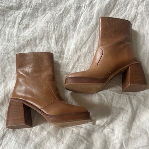 Free People Brown Heeled Boots with Chunky Block Heel